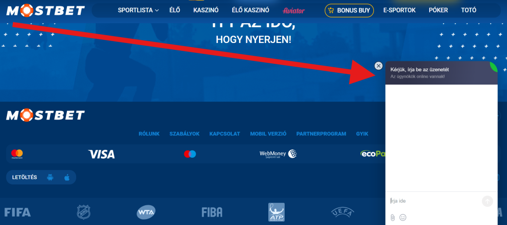 (Kép: élő chat ablak a Mostbet weboldalon, magyar nyelvű ügyfélszolgálati üzenettel)